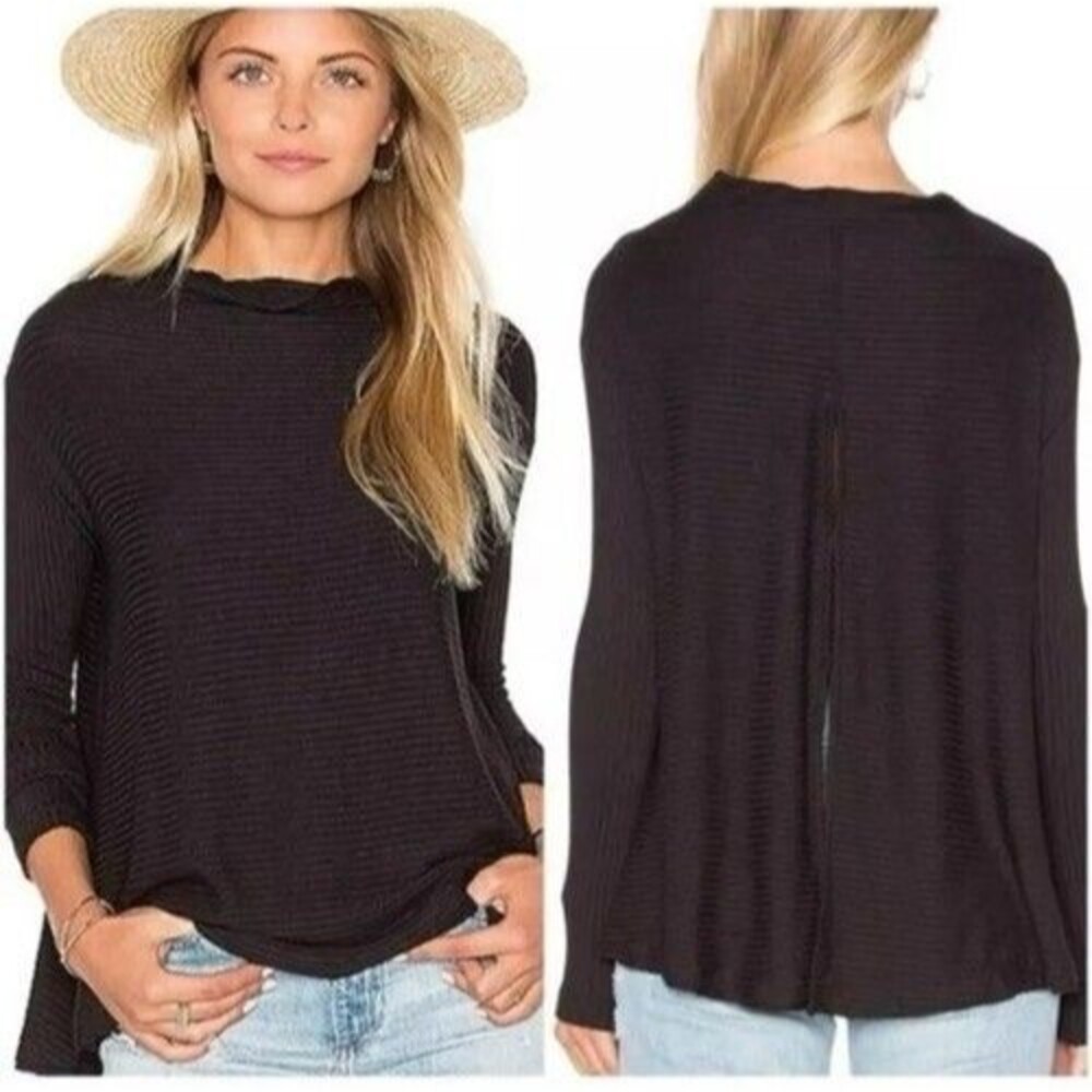 Free People Lover Rib Split Back‎ Long Sleeve Blouse Top Women Size M Black